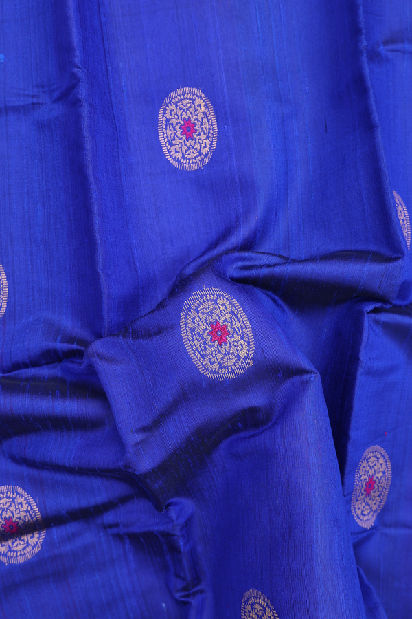 Jute Saree In Indigo Blue With Chakram Motifs