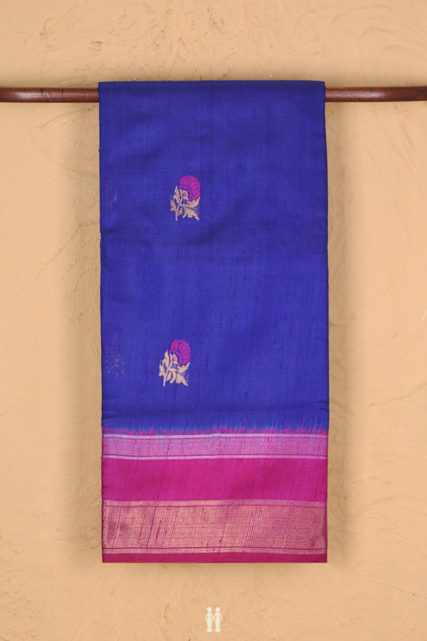 Jute Saree In Indigo Blue With Floral Buttas