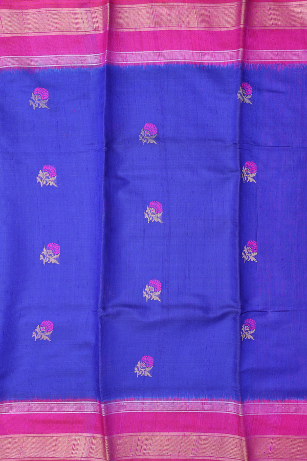 Jute Saree In Indigo Blue With Floral Buttas