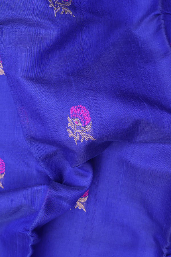 Jute Saree In Indigo Blue With Floral Buttas