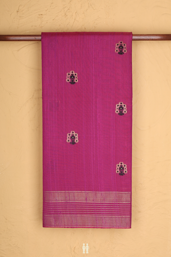 Jute Saree In Mulberry With Floral Buttas