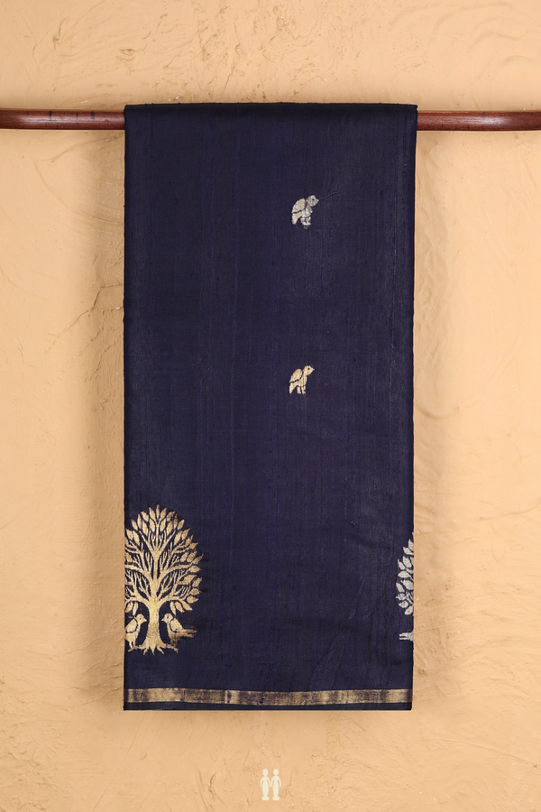 Jute Saree In Navy Blue With Birds Buttas