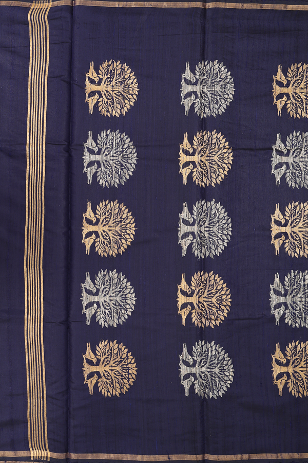 Jute Saree In Navy Blue With Birds Buttas