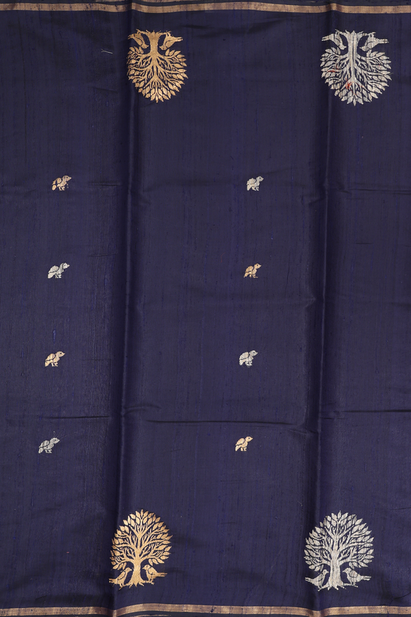 Jute Saree In Navy Blue With Birds Buttas