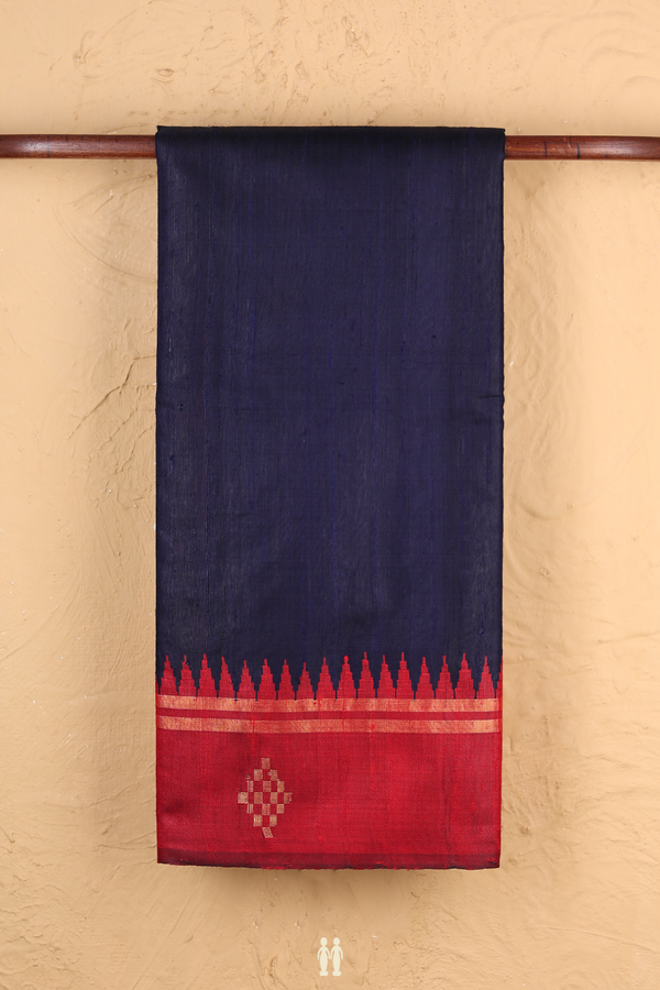 Jute Saree In Navy Blue With Contrast Border