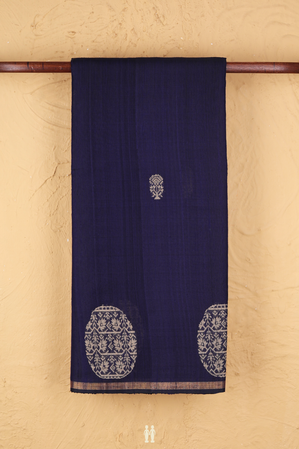 Jute Saree In Navy Blue With Floral Buttas