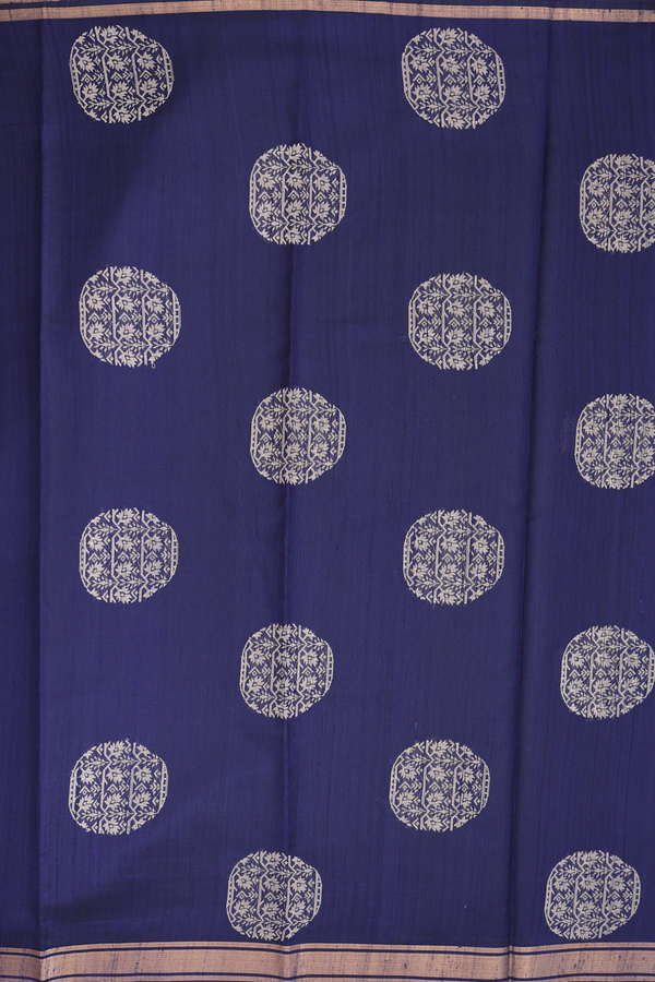 Jute Saree In Navy Blue With Floral Buttas