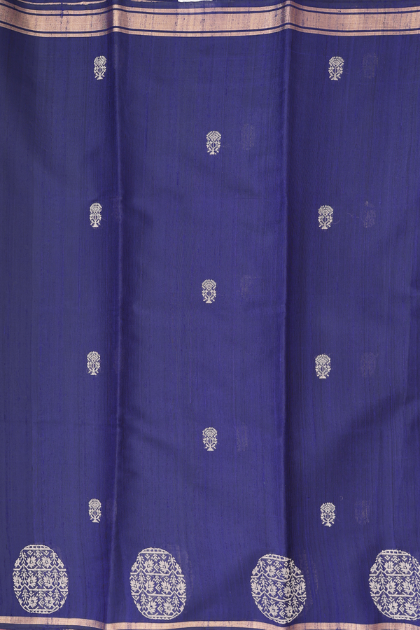 Jute Saree In Navy Blue With Floral Buttas