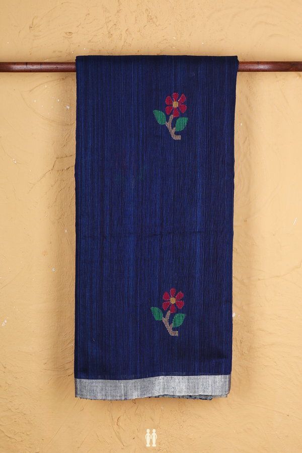 Jute Saree In Oxford Blue With Floral Motifs
