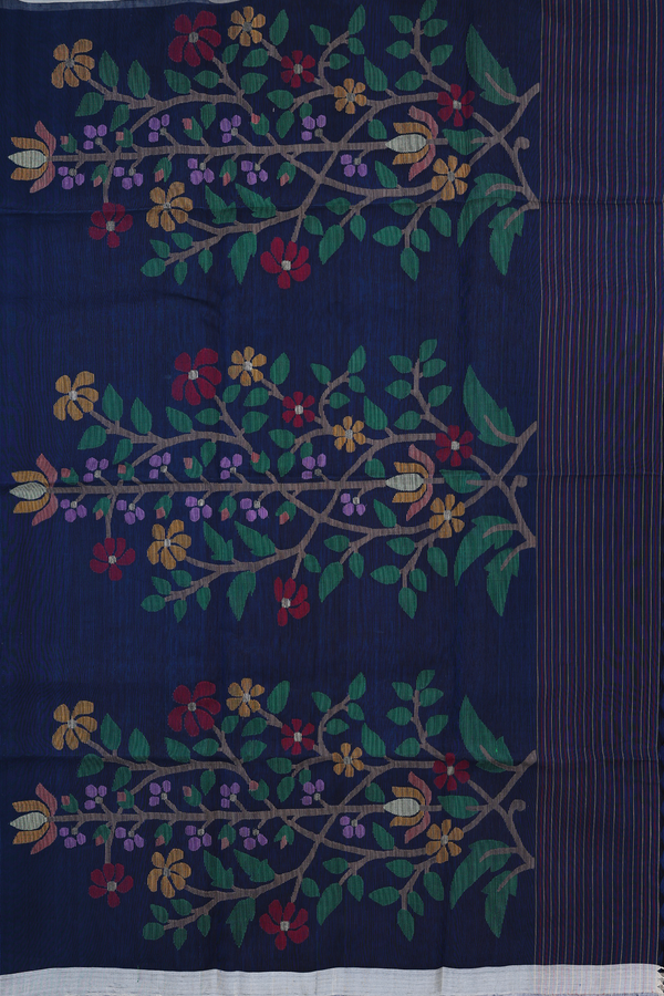 Jute Saree In Oxford Blue With Floral Motifs