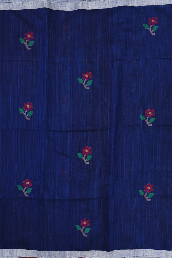 Jute Saree In Oxford Blue With Floral Motifs