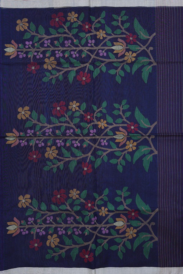 Jute Saree In Oxford Blue With Floral Motifs