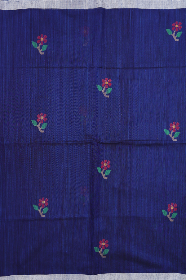 Jute Saree In Oxford Blue With Floral Motifs