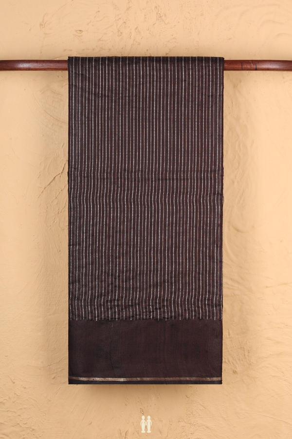 Jute Saree In Dark Oak Brown With Stripes Design