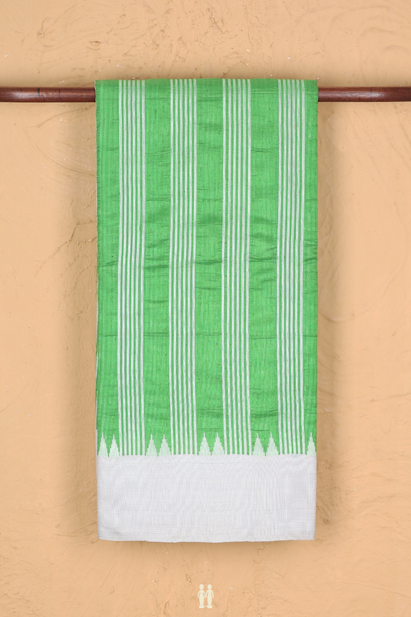 Jute Saree In Parrot Green With Stripes Design