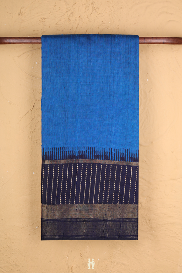 Jute Saree In Plain Cerulean Blue With Contrast Border
