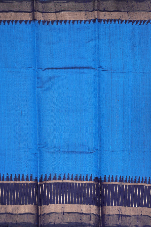 Jute Saree In Plain Cerulean Blue With Contrast Border