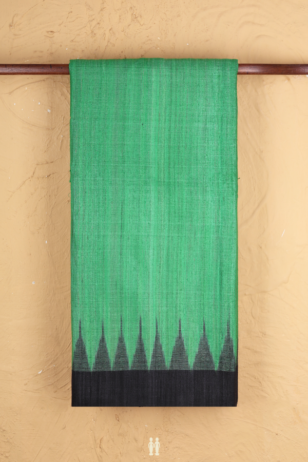 Jute Saree In Plain Fern Green With Temple Border