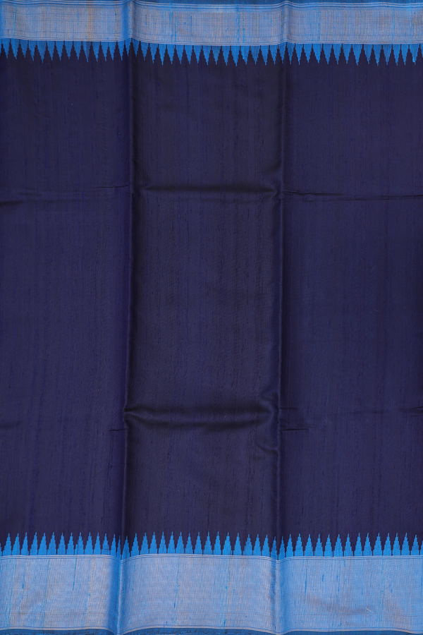 Jute Saree In Plain Navy Blue With Contrast Border