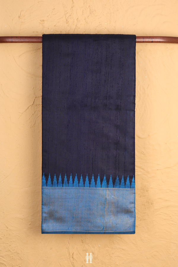 Jute Saree In Plain Navy Blue With Contrast Border