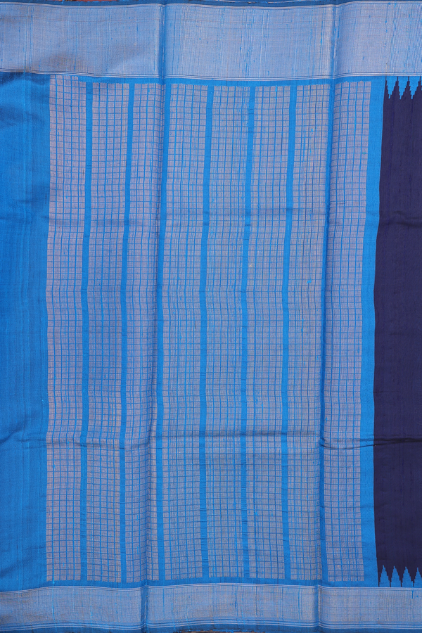 Jute Saree In Plain Navy Blue With Contrast Border