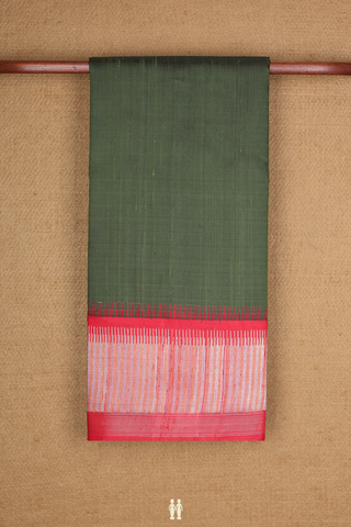 Jute Saree In Plain Olive Green With Contrast Border