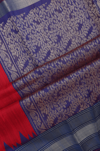 Jute Saree In Plain Scarlet Red With Contrast Zari Border