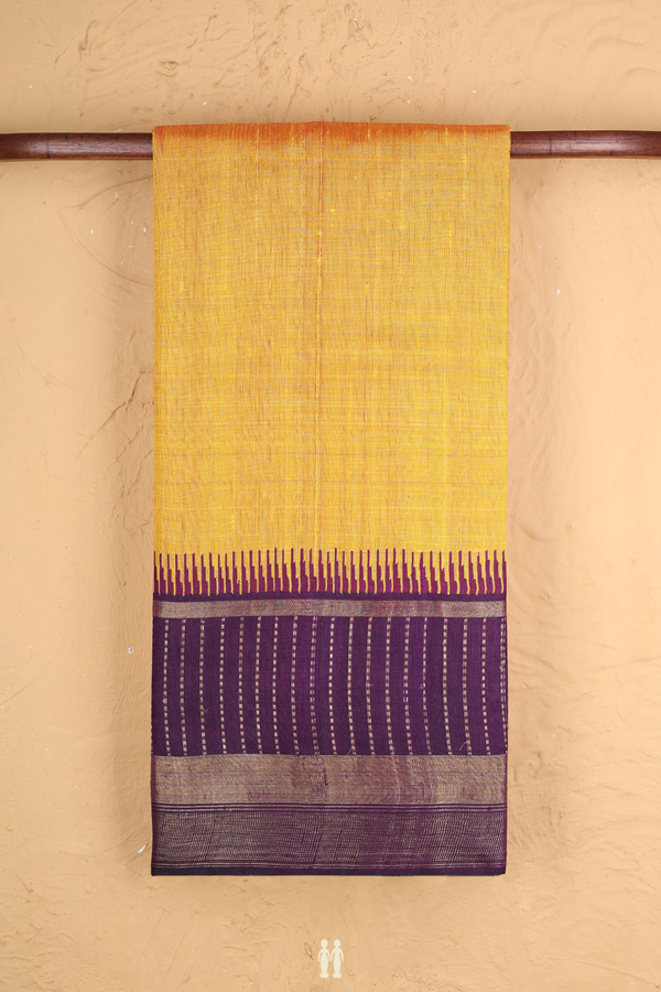 Jute Saree In Plain Yellow With Contrast Border