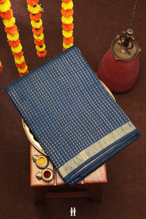Jute Saree In Prussian Blue With Allover Design