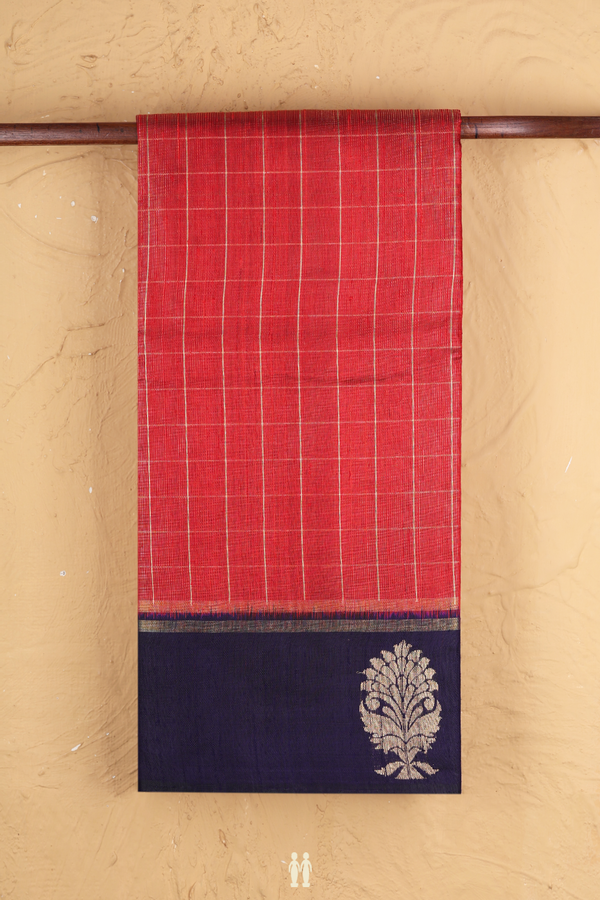 Jute Saree In Red With Checks Design