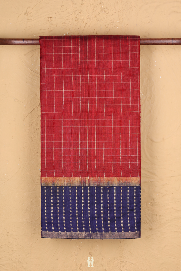 Jute Saree In Red With Checks Design