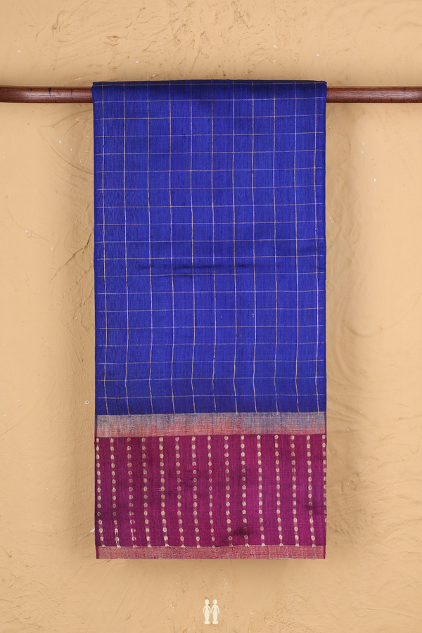 Jute Saree In Royal Blue With Checks Design