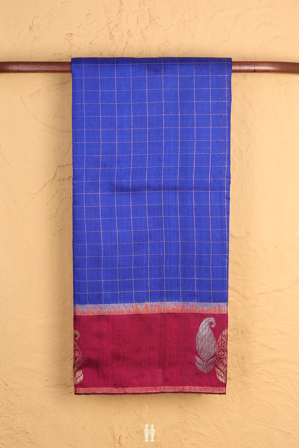 Jute Saree In Royal Blue With Checks Design