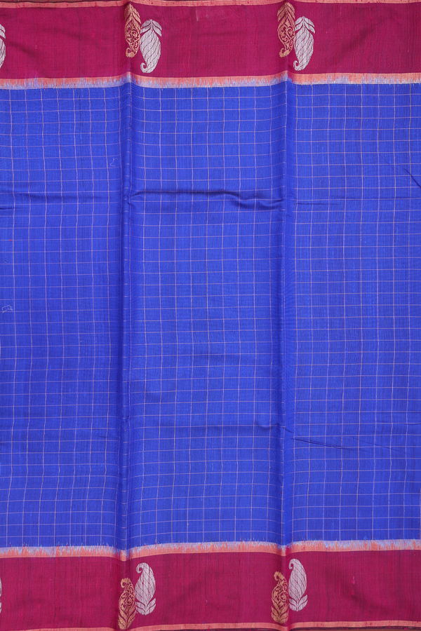 Jute Saree In Royal Blue With Checks Design