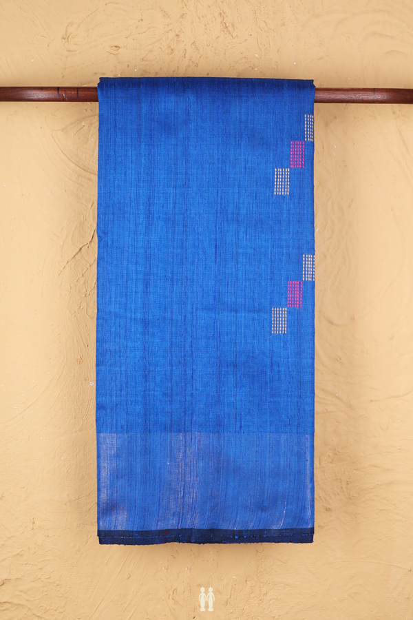 Jute Saree In Indigo Blue With Threadwork Design