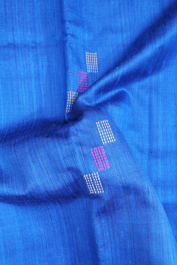 Jute Saree In Indigo Blue With Threadwork Design