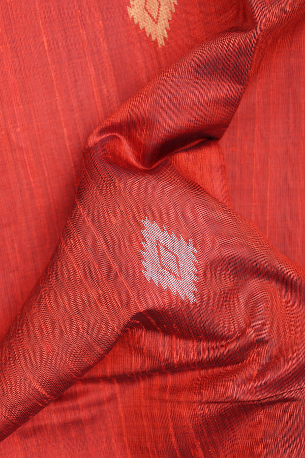 Jute Saree In Rust Orange With Diamond Buttas