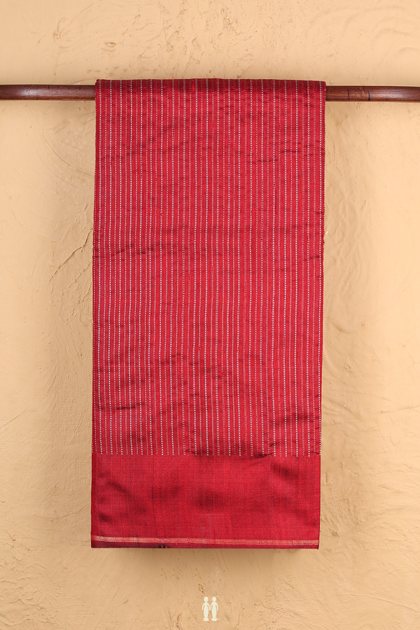 Jute Saree In Scarlet Red With Stripes Design