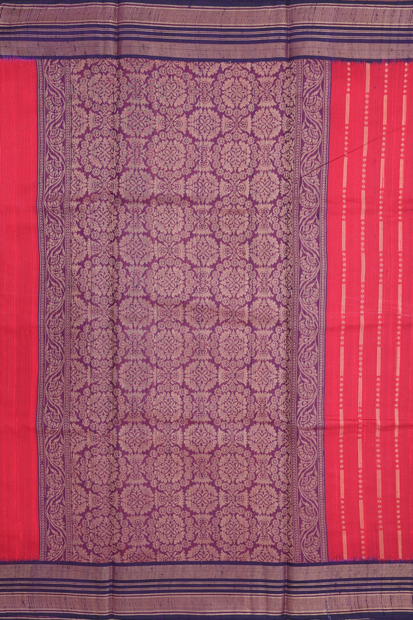 Jute Saree In Scarlet Red With Stripes Design