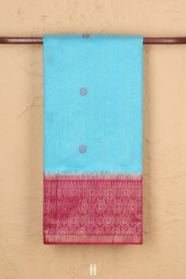 Jute Saree In Sky Blue With Threadwork Buttas