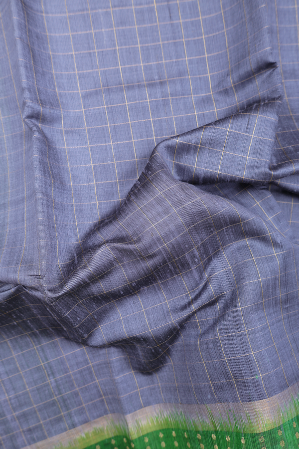Jute Saree In Steel Grey With Checks Design