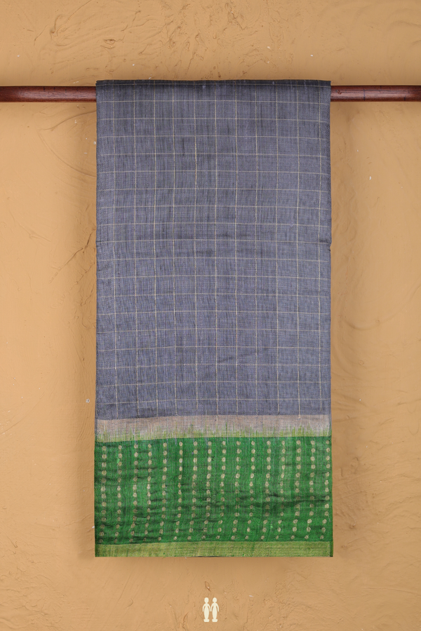 Jute Saree In Steel Grey With Checks Design
