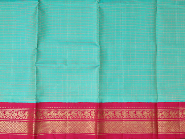 Checks Design Bluish Green Kanchipuram Pavadai Sattai Material