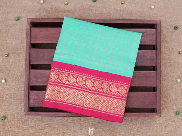 Checks Design Bluish Green Kanchipuram Pavadai Sattai Material