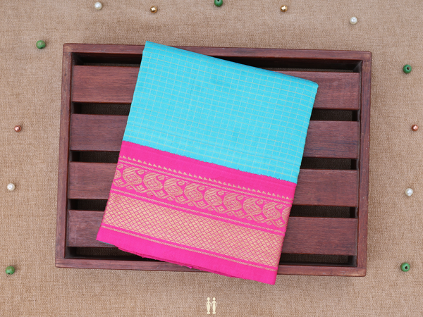 Checks Design Blue Kanchipuram Silk Pavadai Sattai Material