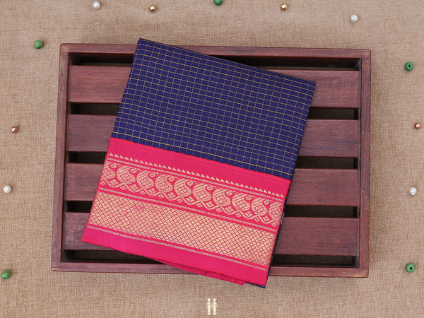 Checks Design Navy Blue Kanchipuram Pavadai Sattai Material