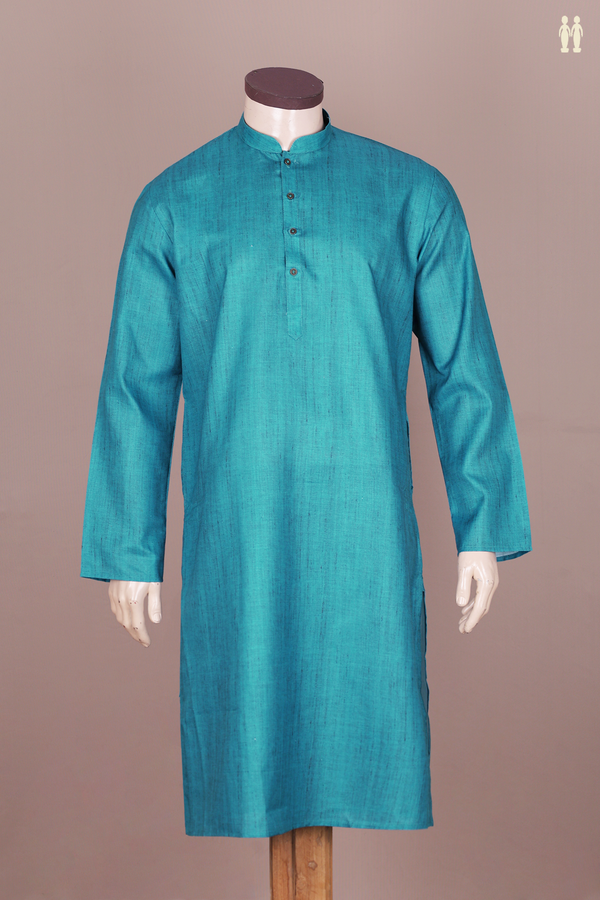 Chinese Collar Plain Teal Blue Cotton Long Kurta
