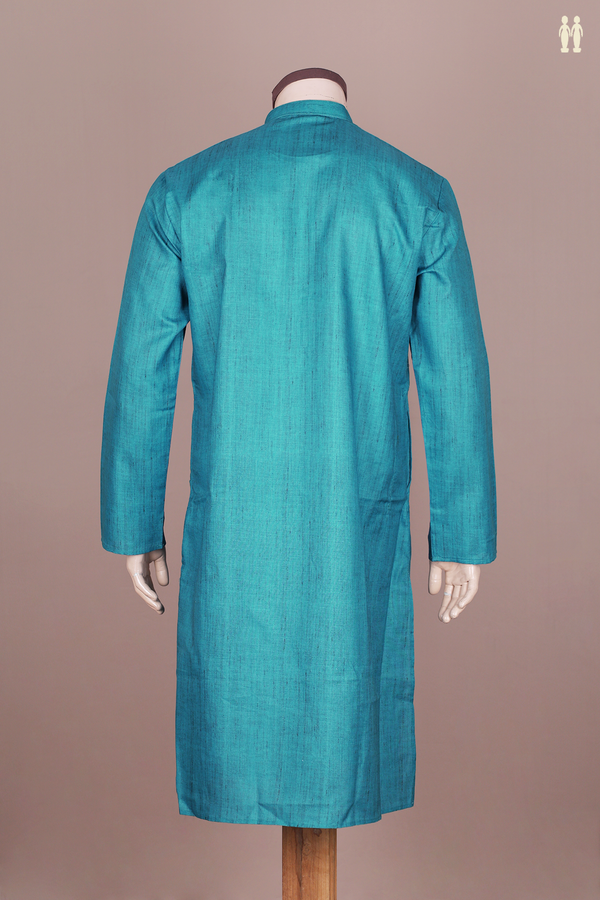 Chinese Collar Plain Teal Blue Cotton Long Kurta