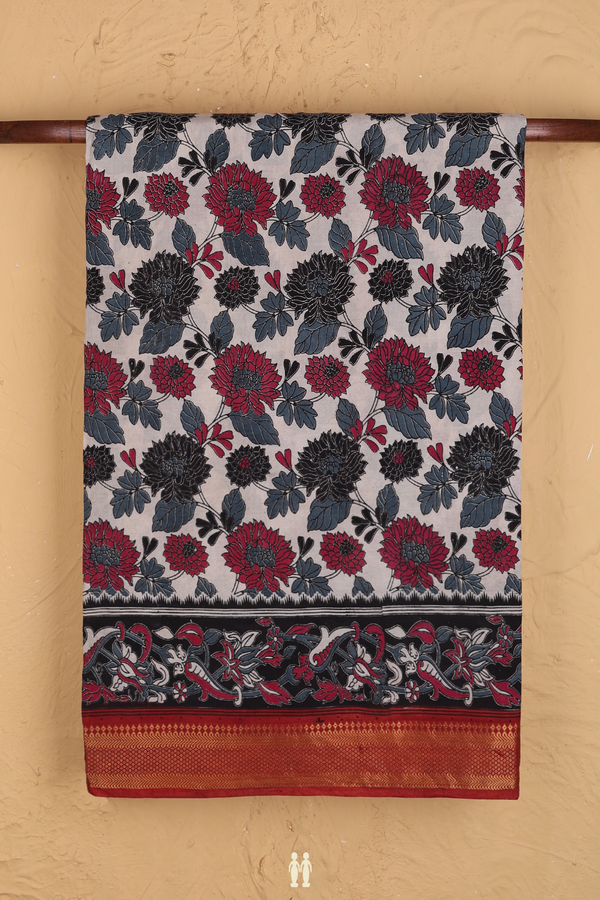 Kalamkari Cotton Saree In Beige With Floral Design