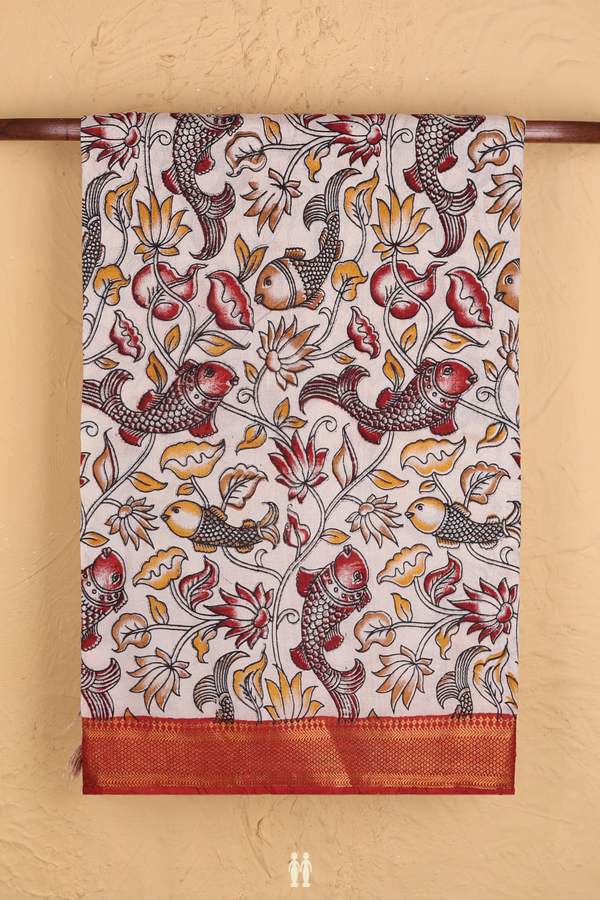 Kalamkari Cotton Saree In Beige With Fish Design